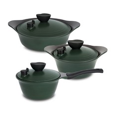 PAllAS 電磁爐適用陶瓷不沾鍋具 3入組, 復古綠色, 單柄鍋18cm+雙耳鍋20cm+淺湯鍋24cm