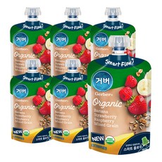 거버 오가닉 이유식 파우치 바나나 딸기 라즈베리 믹스그레인, 바나나 + 딸기 + 라즈베리 혼합맛, 6개