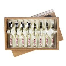 Bloom at home 玫瑰印花茶匙+點心叉, 1套, 茶匙 4p + 茶叉 4p + 套裝盒