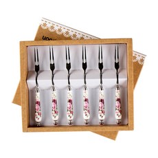 Bloom at home 玫瑰印花手柄點心叉 6入, 混色, 1套