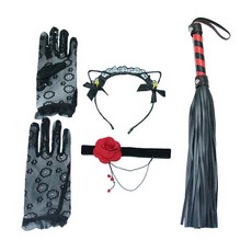 性感貓咪化妝組合 鈴鐺頭帶+項鍊+派對用具+手套 4入組, 黑色的, 1套