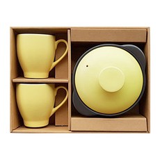 雙耳陶瓷砂鍋馬克杯禮盒 黃色 3件組, 15.6cm, 1組