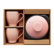 雙耳陶瓷砂鍋馬克杯禮盒 粉色 3件組, 15.6cm, 1組