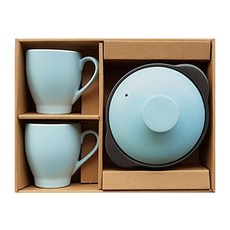 雙耳陶瓷砂鍋馬克杯禮盒 藍色 3件組, 15.6cm, 1組