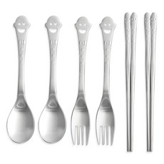 微笑造型孩童餐具 3件組, 銀色, 湯匙 2入+叉子 2入+筷子 2雙