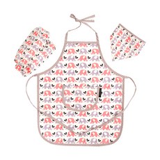 Coney Island 孩童圖案印花棉質圍裙+袖套+頭巾組 大象款