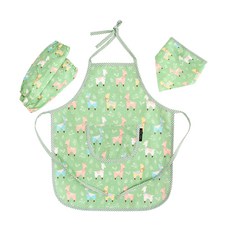 Coney Island 孩童圖案印花棉質圍裙+袖套+頭巾組 羊駝款