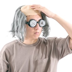PARTYSHOW 大額頭假髮 + 漩渦眼鏡組合, 灰色, 1套