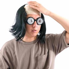 PARTYSHOW 大額頭假髮 + 漩渦眼鏡組合, 黑色, 1套