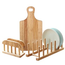 Cook Chami木板架+木柄砧板+木砧板架套組, 1套, 盤子架+帶把手砧板+砧板架