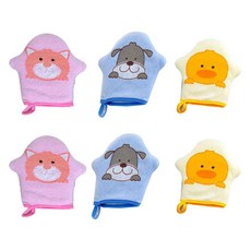 JOY MULTI 孩童動物圖案沐浴海綿手套 3件組, 粉色+藍色+黃色, 2組