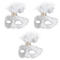 PARTYSHOW 威尼斯蕾絲羽毛半臉面具, 白色