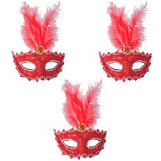 파티쇼 베네치아 레이스 깃털반가면, 레드, 3개