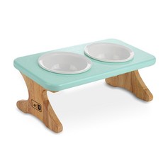 Let'Y 優質木製寵物桌 2 長款 + 陶瓷狗餐具套裝適用於中型犬, 薄荷, 1套