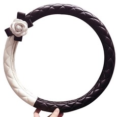 I-NEW 女士可愛花朵裝飾皮革方向盤套, 黑色 + 白色