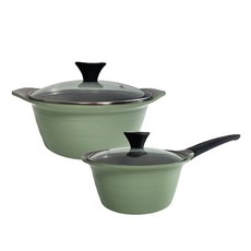 LIVING ON basico素色陶瓷不沾鍋具組 2入組, 混色, 單柄鍋18cm+雙耳鍋20cm