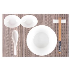 엘룸 1인 면기세트 5p + 라탄매트 랜덤 발송, 화이트, 면기 + 찬기 + 세라믹 스푼 + 수저받침 + 젓가락 + 라탄매트