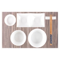 엘룸 1인 식기세트 6p Btype + 라탄매트 랜덤 발송, 화이트, 공기 + 대접 + 찬기 8cm + 두칸나눔접시 + 수저받침 + 젓가락 + 라탄매트
