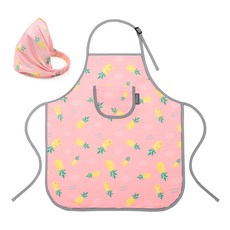 bebenew 孩童印花防水圍裙+頭巾+防水收納袋, 粉色 鳳梨款