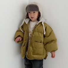 童款拼色燈芯絨保暖鋪棉連帽外套