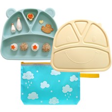 動物造型矽膠吸附式餐盤組, 薄荷綠, 餐盤+便當蓋+便當袋