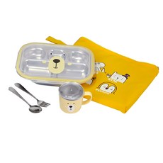 動物印花不鏽鋼餐盤便當盒餐具組, 混色, 便當盒+湯匙+叉子+餐具袋+杯子