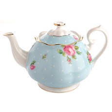 ROYAL ALBERT 玫瑰圓點印花金邊復古茶壺 POLBLU25817 1.25L, POLKA BLUE, 1組
