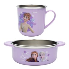 LILFANT 冰雪奇緣圖案不鏽鋼杯+雙柄不鏽鋼碗 艾莎款 L號, 混色, 杯子+碗, 1組