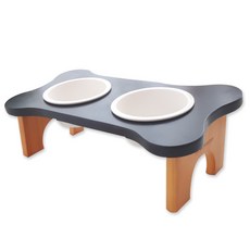 MONAGIO 寵物狗2格餐碗木桌+陶瓷碗 2入, 黑色自然, 1個