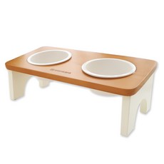 MONAGIO 寵物狗2格餐碗木桌+陶瓷碗 2入, 白色, 1組