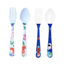 孩童印花湯匙+叉子 M號, 野生植物款+火箭款+, 1組, 湯匙2入+叉子2入