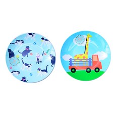 印花圓形餐盤 S號 2入, 貓咪款+長頸鹿款, 1組