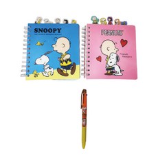 花生漫畫史努比索引筆記本2入 + 3色原子筆套組, 索引筆記本(混合顏色), 原子筆(隨機出貨), 1套