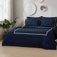 케이아이티홈 순면 자수이불 커버, 네이비화이트