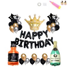 Happy Birthday 派對 威士忌 紅酒 掛旗 氣球組, 黑色 + 金色, 1套