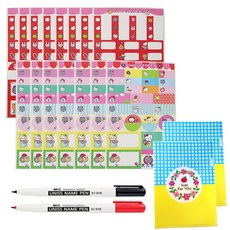 防水標籤姓名貼紙 花朵混合款 隨機出貨 15入 + 姓名筆 黑色 + 紅色 + 筆套 2入組, 混合顏色, 1套