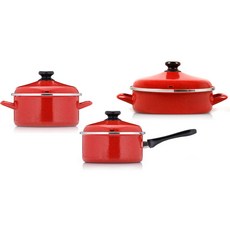 HAMPTONS IH爐適用琺瑯鍋具 Red-C 3入, Dot Red, 單柄湯鍋18cm+雙耳淺湯鍋20cm+雙耳淺湯鍋24cm