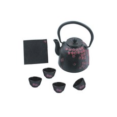 香梅花鑄鐵水壺茶杯套組, 1套, 水壺+盤子+茶網+玻璃杯4p