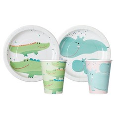 BLEEN 叢林派對 鱷魚 & 河馬 紙盤 紙杯 套組 鱷魚盤 180mm 10入 + 杯 260ml 10入 + 河馬盤 180mm 10入 + 杯 260ml 10入, 1套