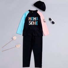 MOMA SONG 孩童拼色長袖連身泳衣+泳帽