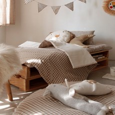 DECOVIEW 簡約格紋午睡被+睡墊+枕頭+枕芯+收納袋, 淺米色+象牙白+米色