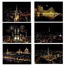VICDREAM 各國夜景刮畫卡 6款 DIY 著色本 A3 + 工具組套組, 混合顏色, 1個