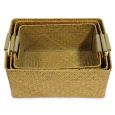 明日空間 藤編方形附提把洗衣籃 經典 S + M + L 套組, 黃色, 1套