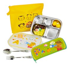 印花不鏽鋼便當盒+餐具組, ABC款, 便當盒+便當袋+湯匙+叉子+餐具盒
