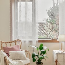 Decoone 孔眼花朵刺繡蕾絲窗簾+窗簾綁帶, 白色象牙