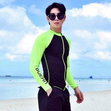 BUEHN 남성용 배색 집업 래쉬가드 10233, 블랙 + 형광