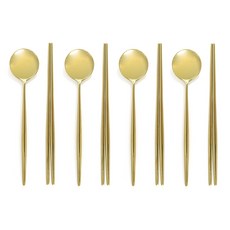 韓國製 亮面金色餐具 4人組, 1套, 湯匙 4p + 筷子 4p