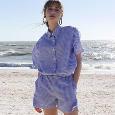 라티젠 여성용 통기성 린넨 반팔 휴양지룩 셔츠