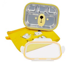 印花不鏽鋼餐盤組+素色餐盤蓋, Bear, 餐盤+餐盤蓋+收納袋