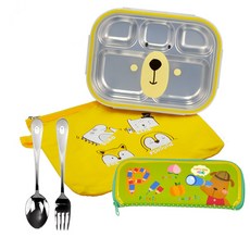 印花不鏽鋼便當盒+餐具組, 小熊款, 便當盒+便當袋+湯匙+叉子+餐具盒